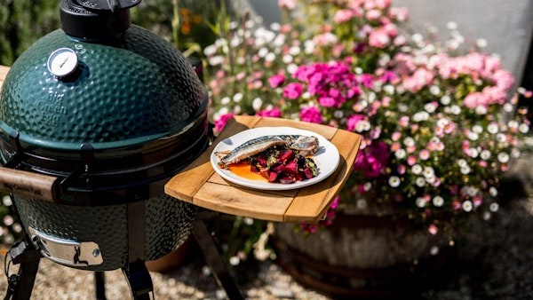 MiniMax Big Green Egg in a Foldable Stand with Acacia Shelves and Champagne
