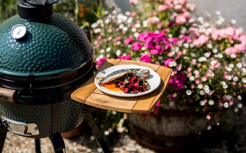 MiniMax Big Green Egg in a Foldable Stand with Acacia Shelves and Champagne