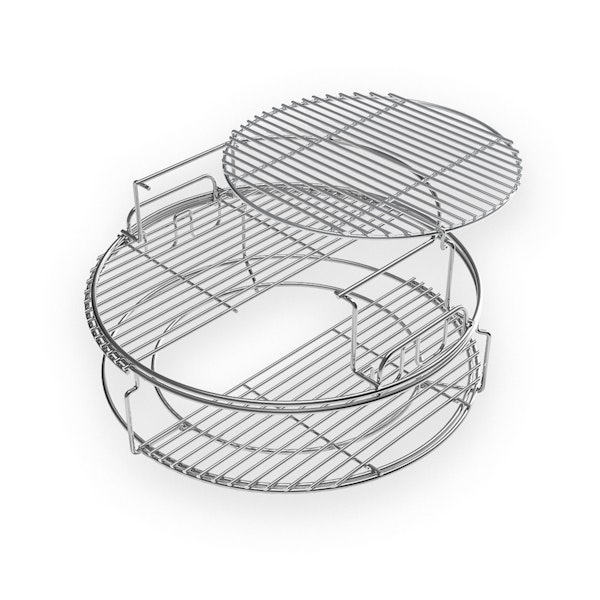 The five piece EGGspander kit comes with a convEGGtor basket, a two-piece multi-level rack and two stainless steel half grids