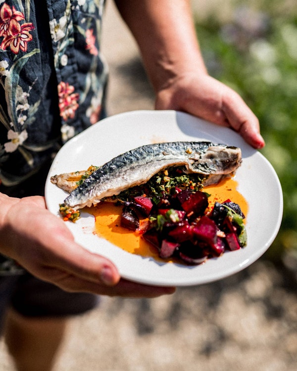 PLANK-COOKED MACKEREL WITH CHERMOULA & MOROCCAN BEETS