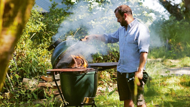 James Whetlor cooking a rib of beef on a Large Big Green Egg for Cooking on the Big Green Egg cook book