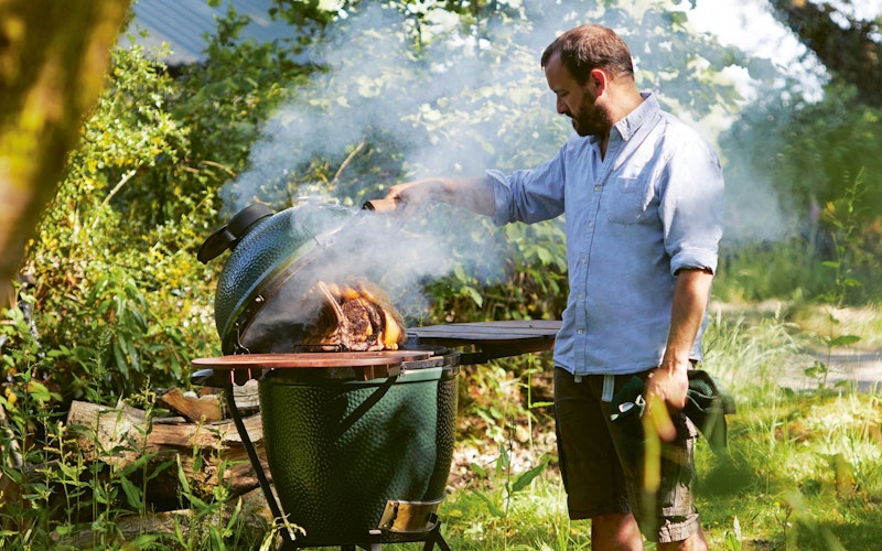 James Whetlor cooking a rib of beef on a Large Big Green Egg for Cooking on the Big Green Egg cook book