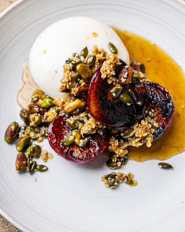 Burnt Plums with Burrata, Pine Honey & Granola | Breakfast Recipe | Big Green Egg