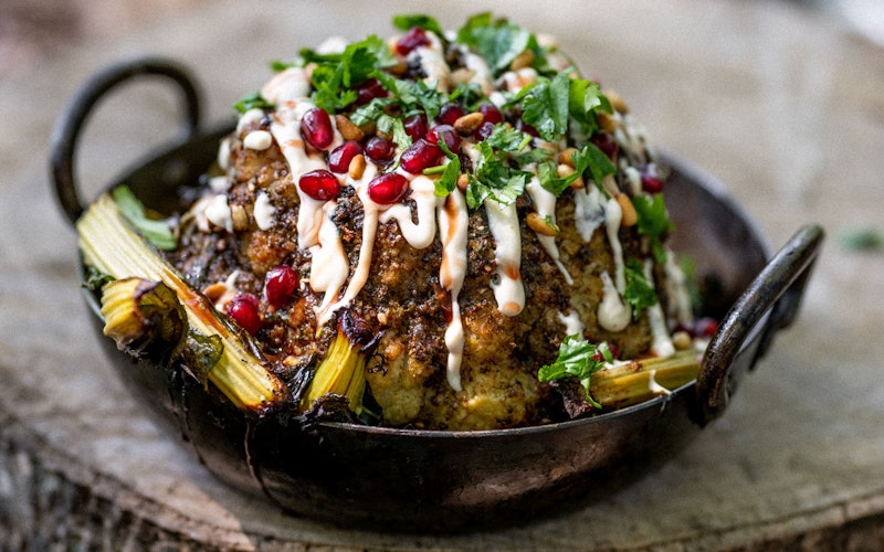 BBQ Cauliflower Shawarma, Pomegranate, Tahini & Pine Nuts | Vegetable Recipes | Roasting Recipes | Berber & Q | Big Green Egg