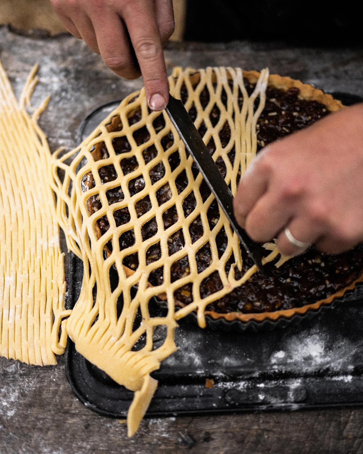 decorate the top of the tart with the remainder of pastry