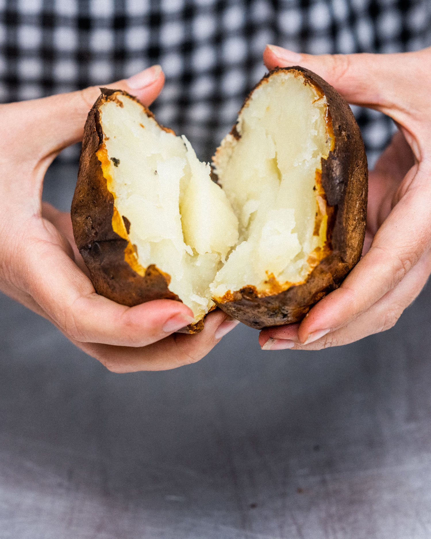 bake the potato and halve