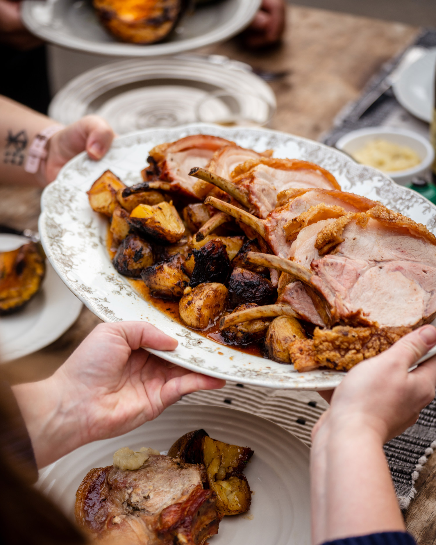 Rotisserie Pork Loin with Sticky Potatoes and Apple & Fennel Sauce | Pork recipes | Rotisserie | Big Green Egg