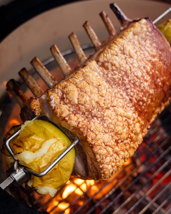 Rotisserie Pork Loin with Sticky Potatoes and Apple & Fennel Sauce | Pork recipes | Rotisserie | Big Green Egg