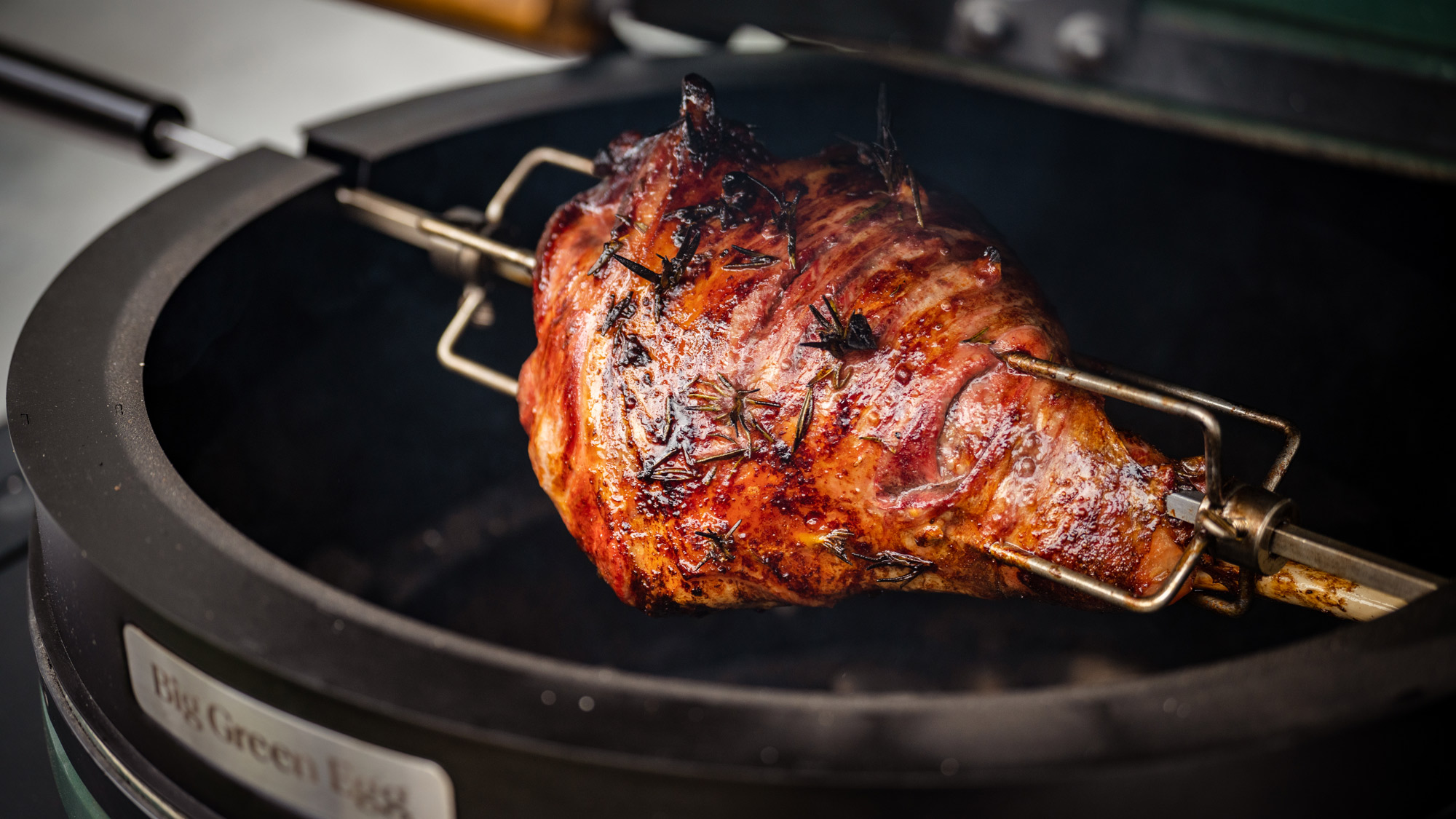 Rotisserie Leg of Lamb with Brassica Salsa Verde | Lamb recipes | Rotisserie | Recipes | Big Green Egg