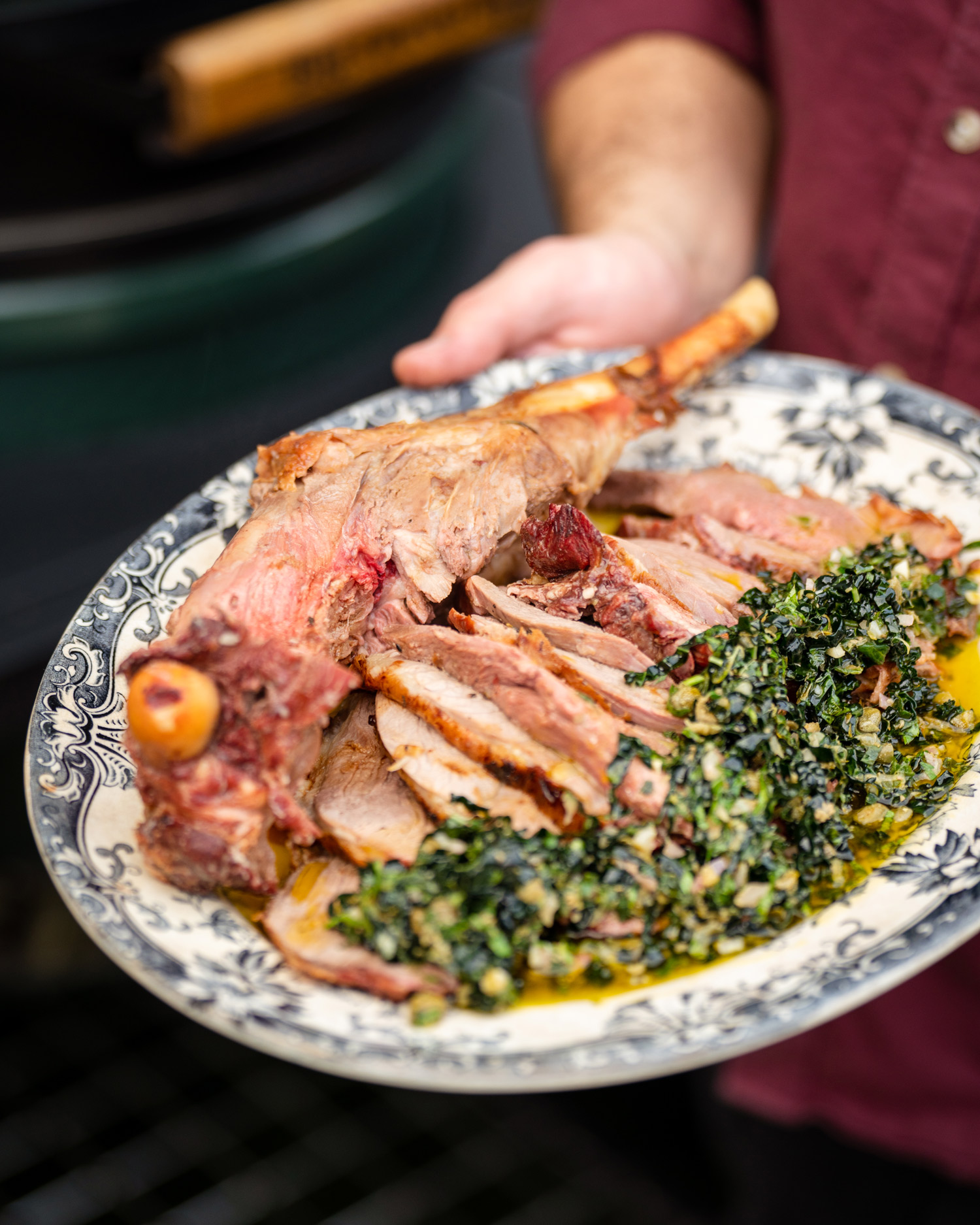 Rotisserie Leg of Lamb with Brassica Salsa Verde | Lamb recipes | Rotisserie | Recipes | Big Green Egg