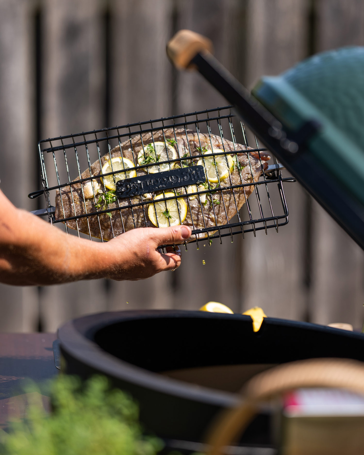 Rotisserie Brill with lemon, garlic and thyme | Rotisserie recipes | Fish | Join the Club | Big Green Egg