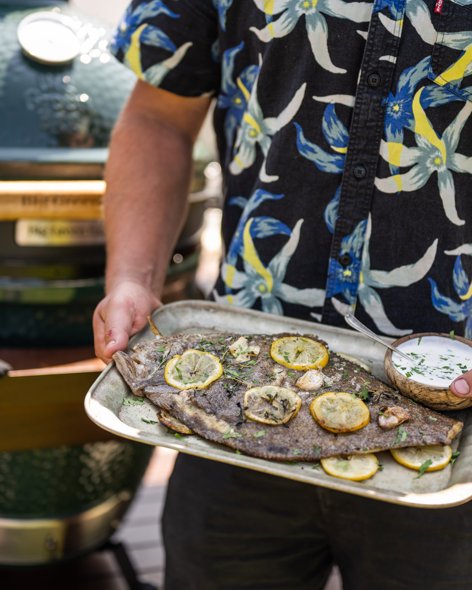 Rotisserie Brill with lemon, garlic and thyme | Rotisserie recipes | Fish | Join the Club | Big Green Egg