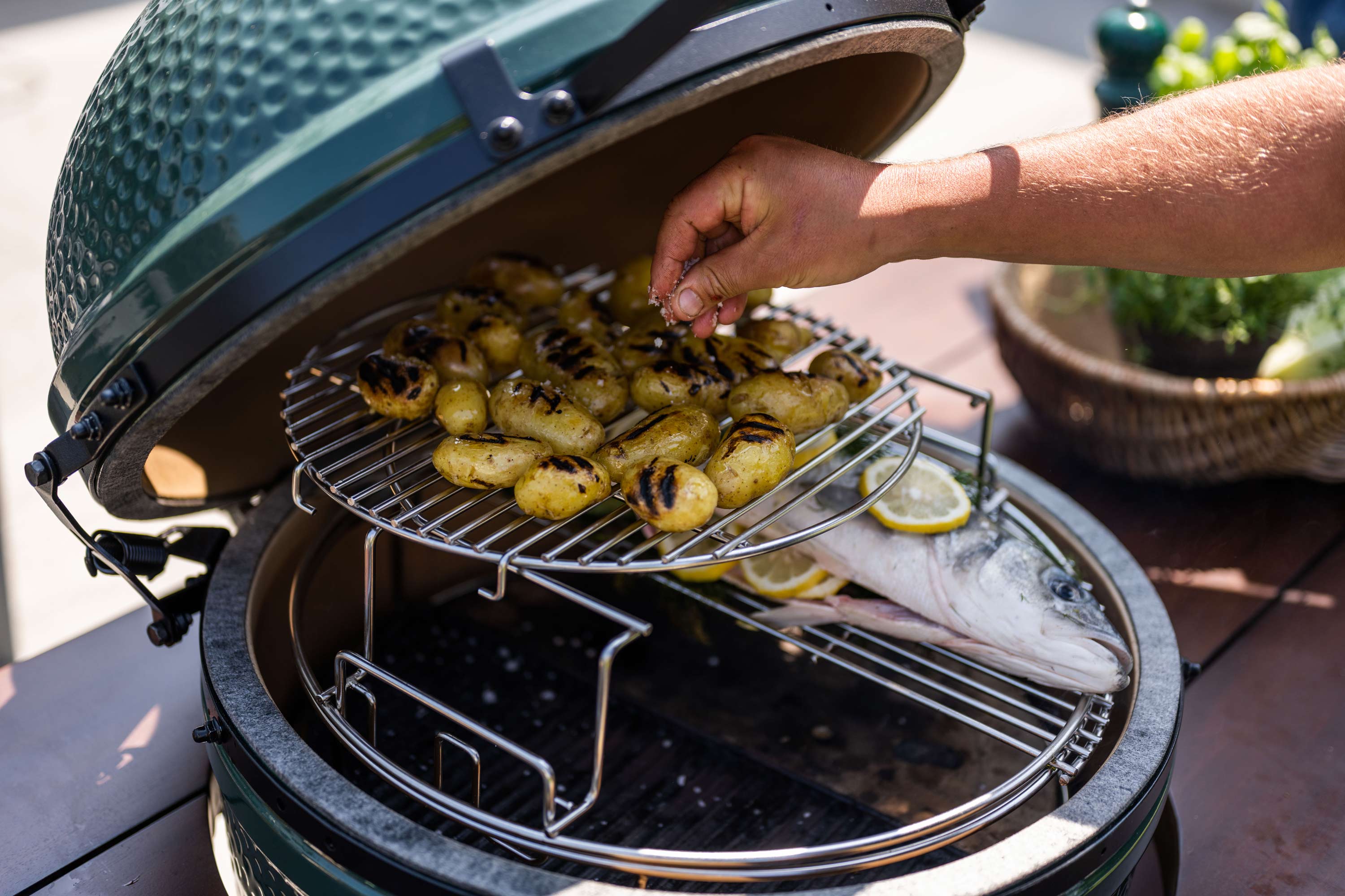 roast your fish and grill the potatoes