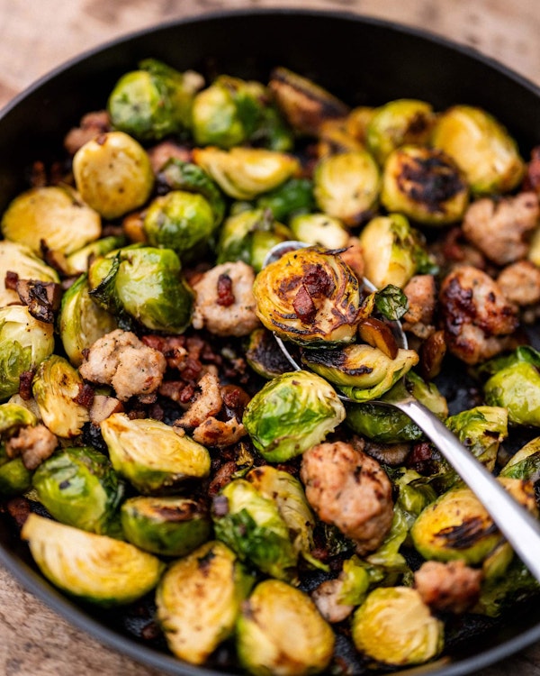 Brussel Sprouts and smashed pigs and blankets | Tom Booton Christmas | Recipes | Big Green Egg