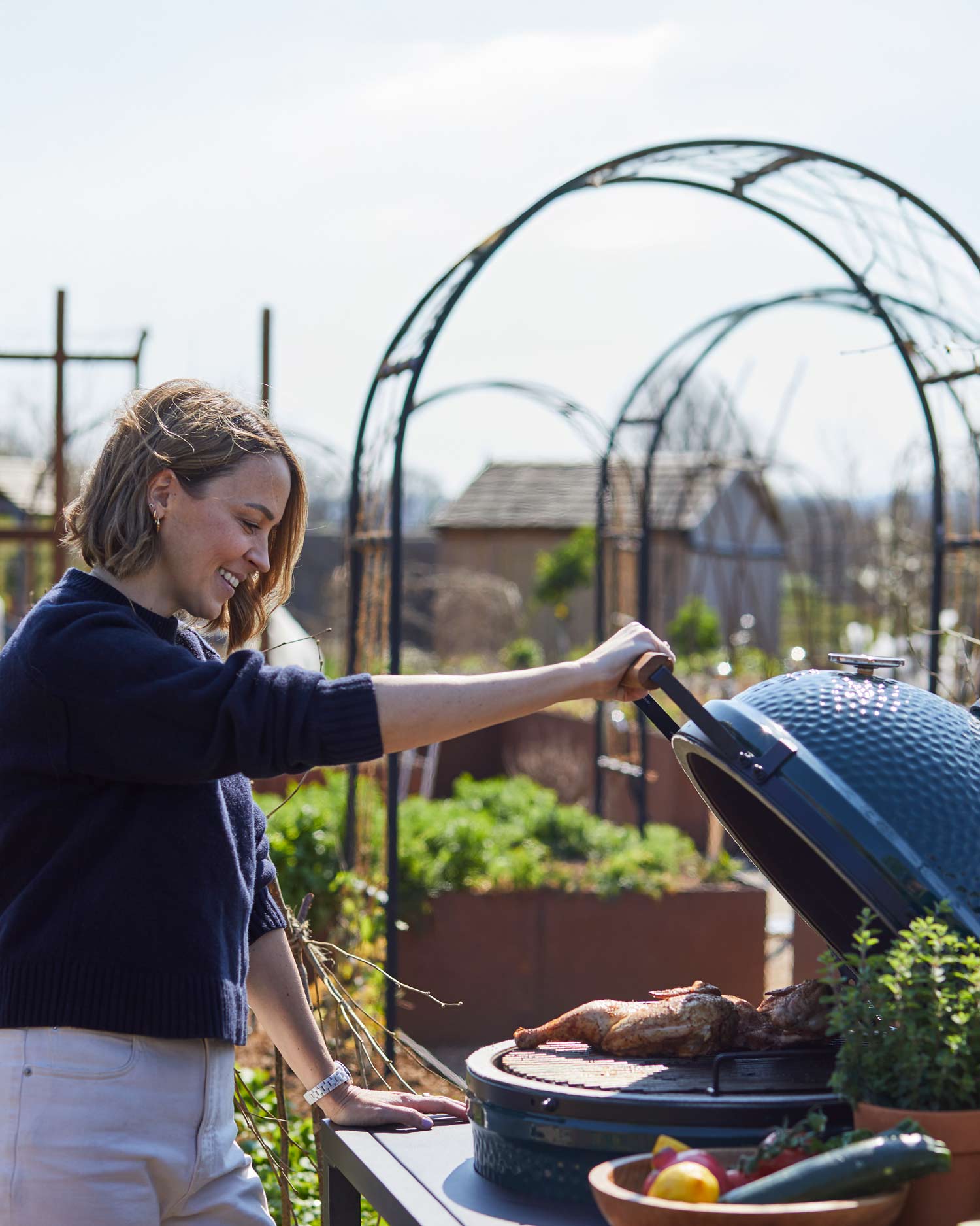 Spiced Chicken with Grilled Courgette, Mediterranean Salad and Tahini Sauce | Pollyanna Wilkinson | EGGspander System recipe | Chicken | Big Green Egg
