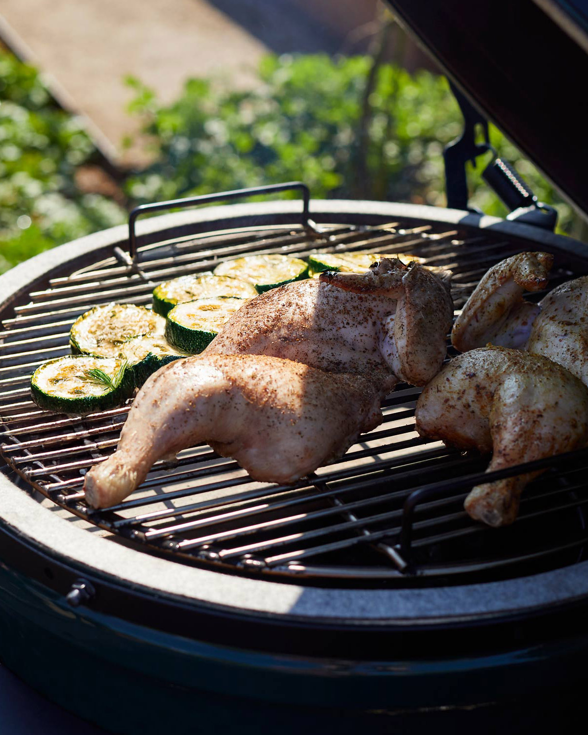 Spiced Chicken with Grilled Courgette, Mediterranean Salad and Tahini Sauce | Pollyanna Wilkinson | EGGspander System recipe | Chicken | Big Green Egg