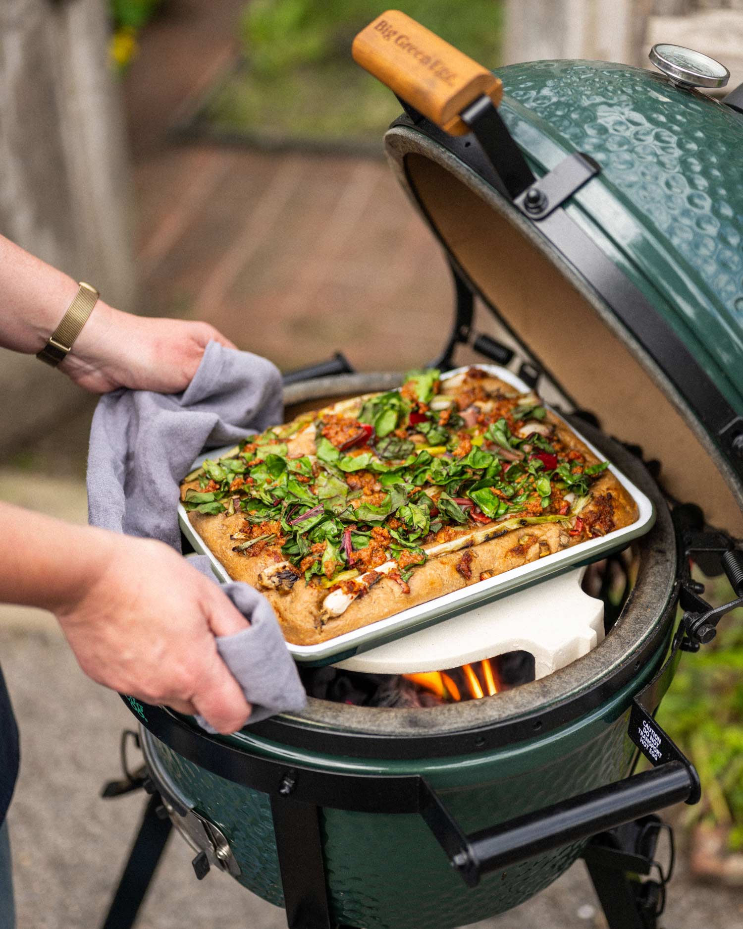 Roasted Spring Onion, Chard and Nduja Focaccia | Chantelle Nicholson | Falcon Enamelware | baking | Big Green Egg Recipes