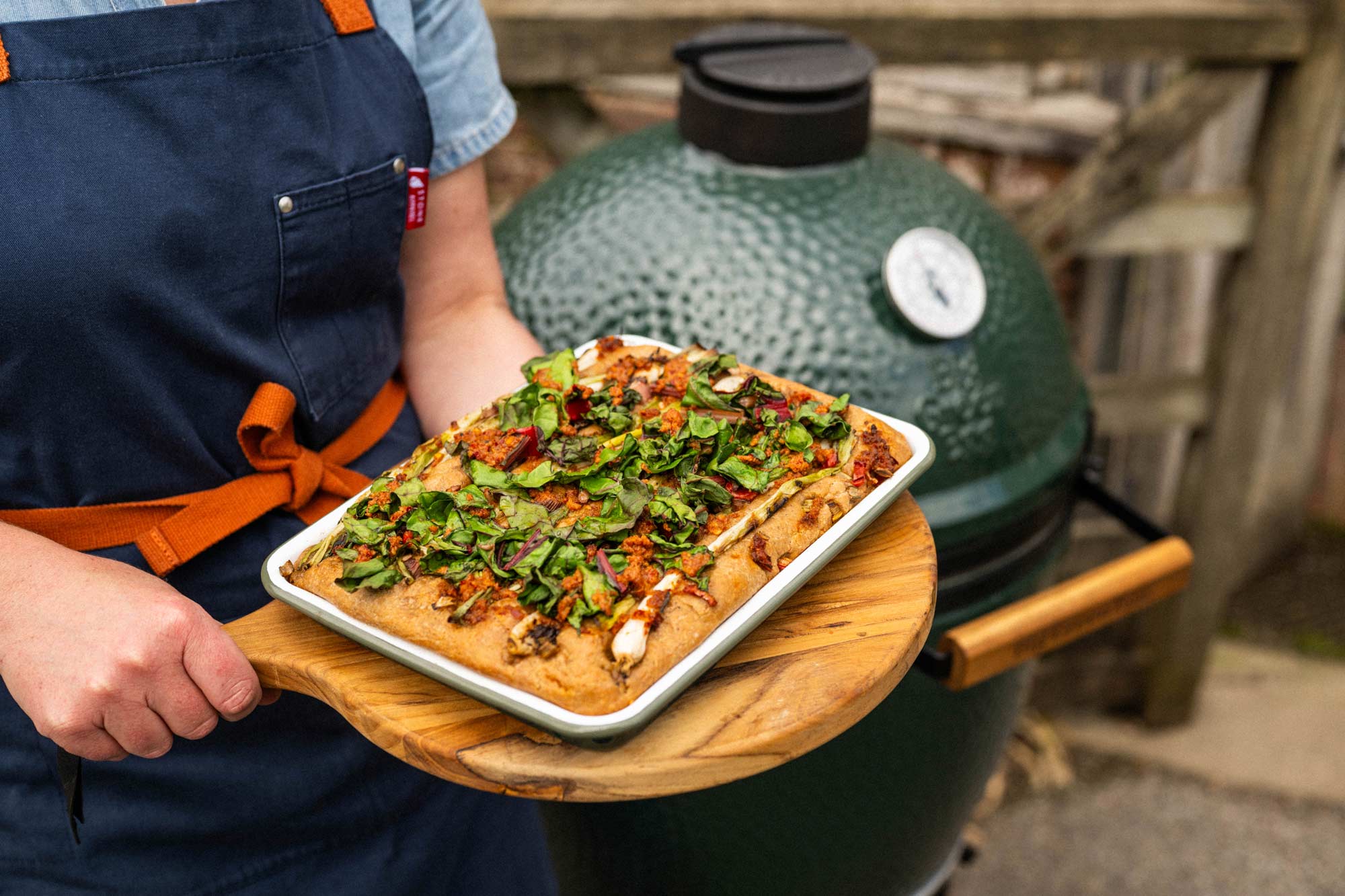 Roasted Spring Onion, Chard and Nduja Focaccia | Chantelle Nicholson | Falcon Enamelware | baking | Big Green Egg Recipes