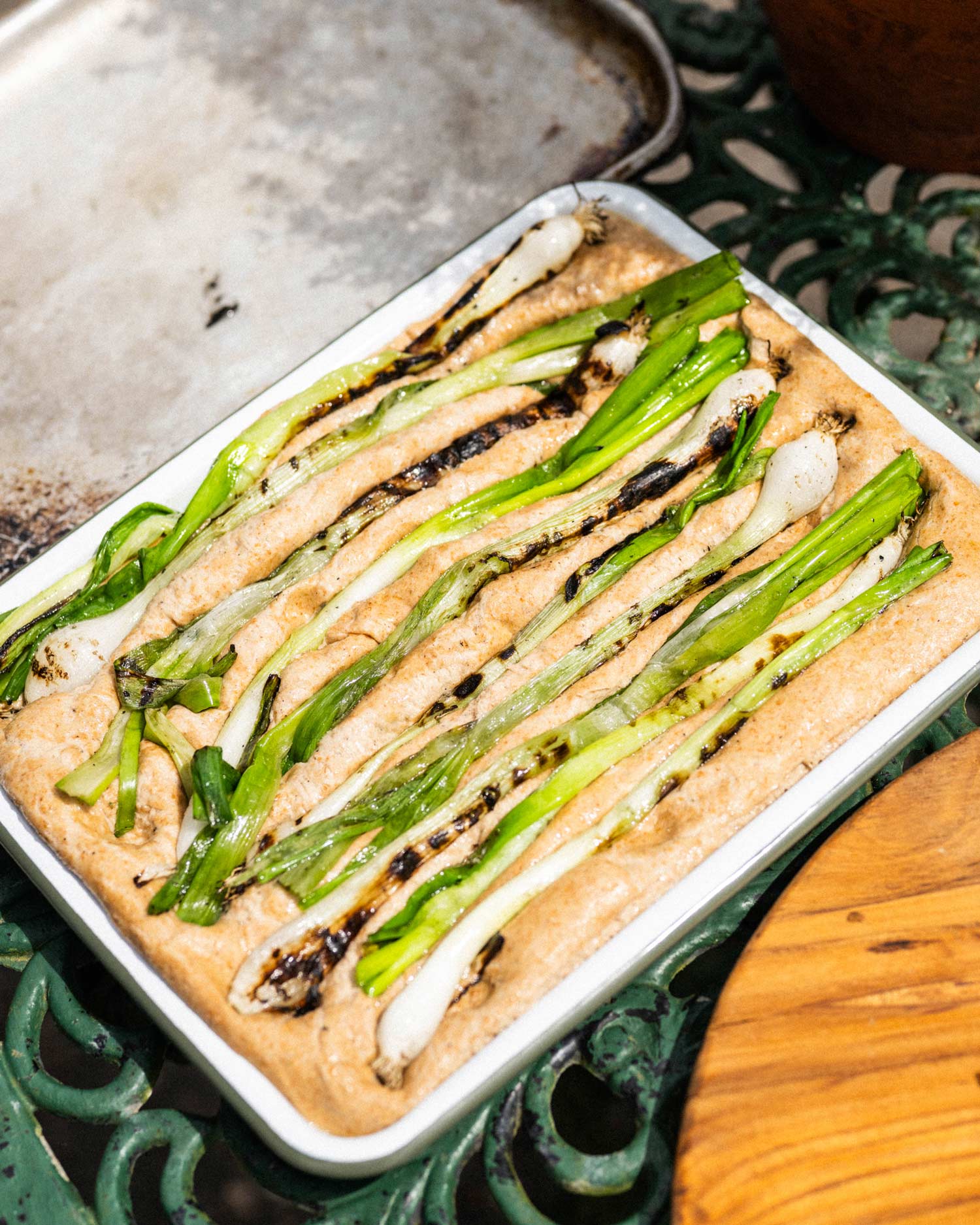 Roasted Spring Onion, Chard and Nduja Focaccia | Chantelle Nicholson | Falcon Enamelware | baking | Big Green Egg Recipes