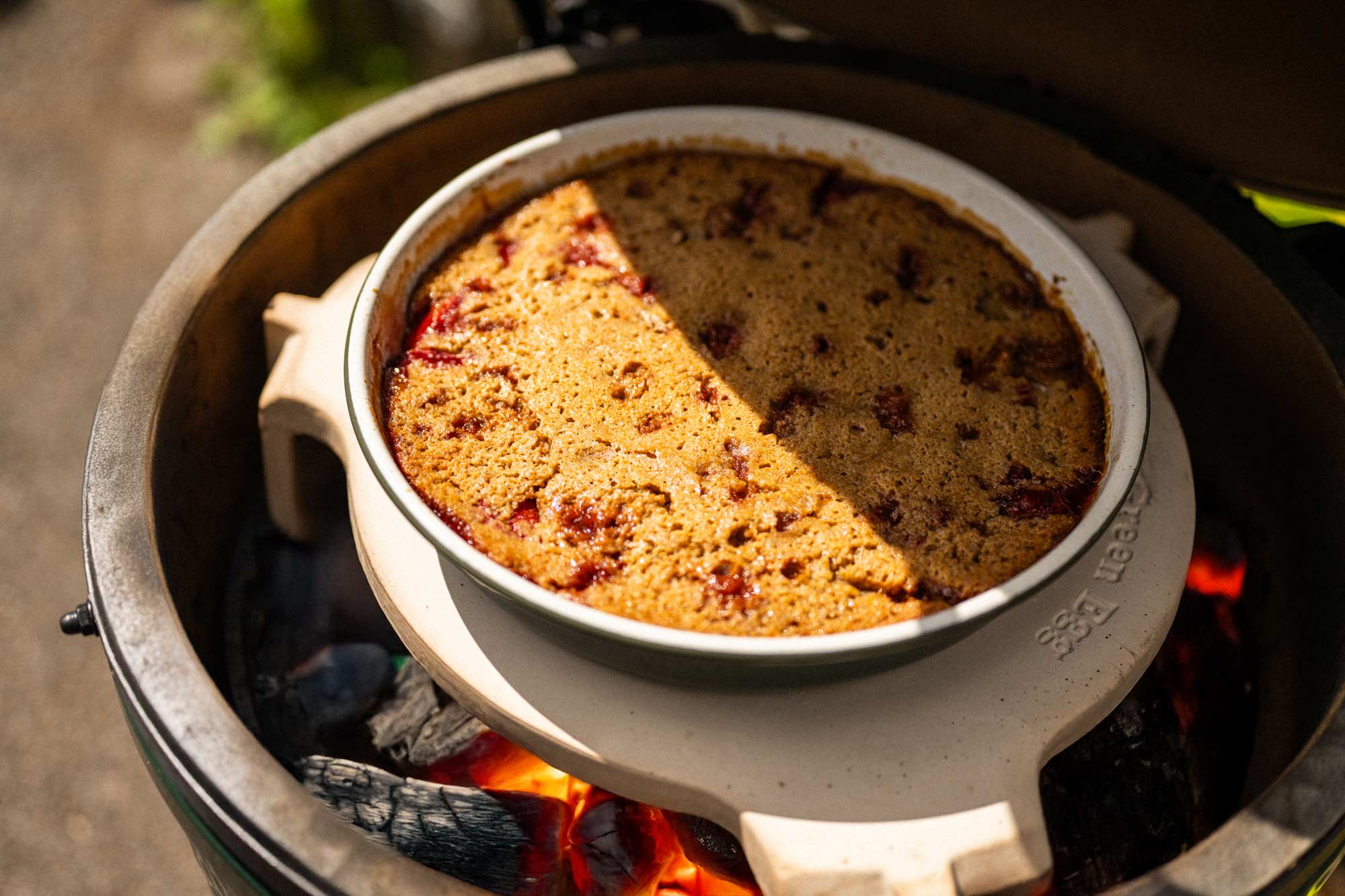 Grilled Rhubarb, Strawberry and Rosemary Upside Down Cake | Chantelle Nicholson | Falcon Enamelware | baking | Big Green Egg Recipes