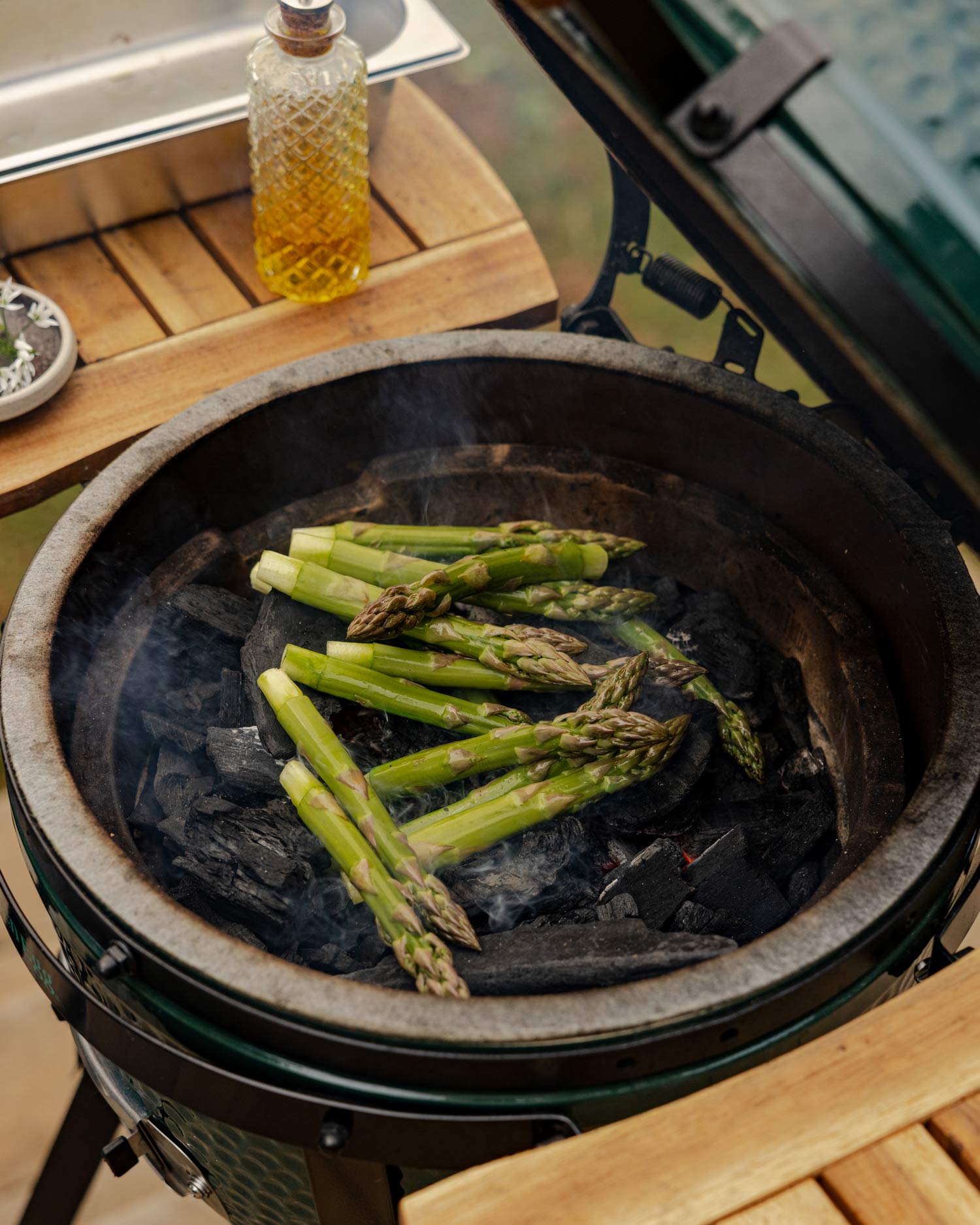 Kentish Asparagus, Confit Egg Yolks, Wild Garlic Oil and Brioche | Chapel Down & Big Green Egg
