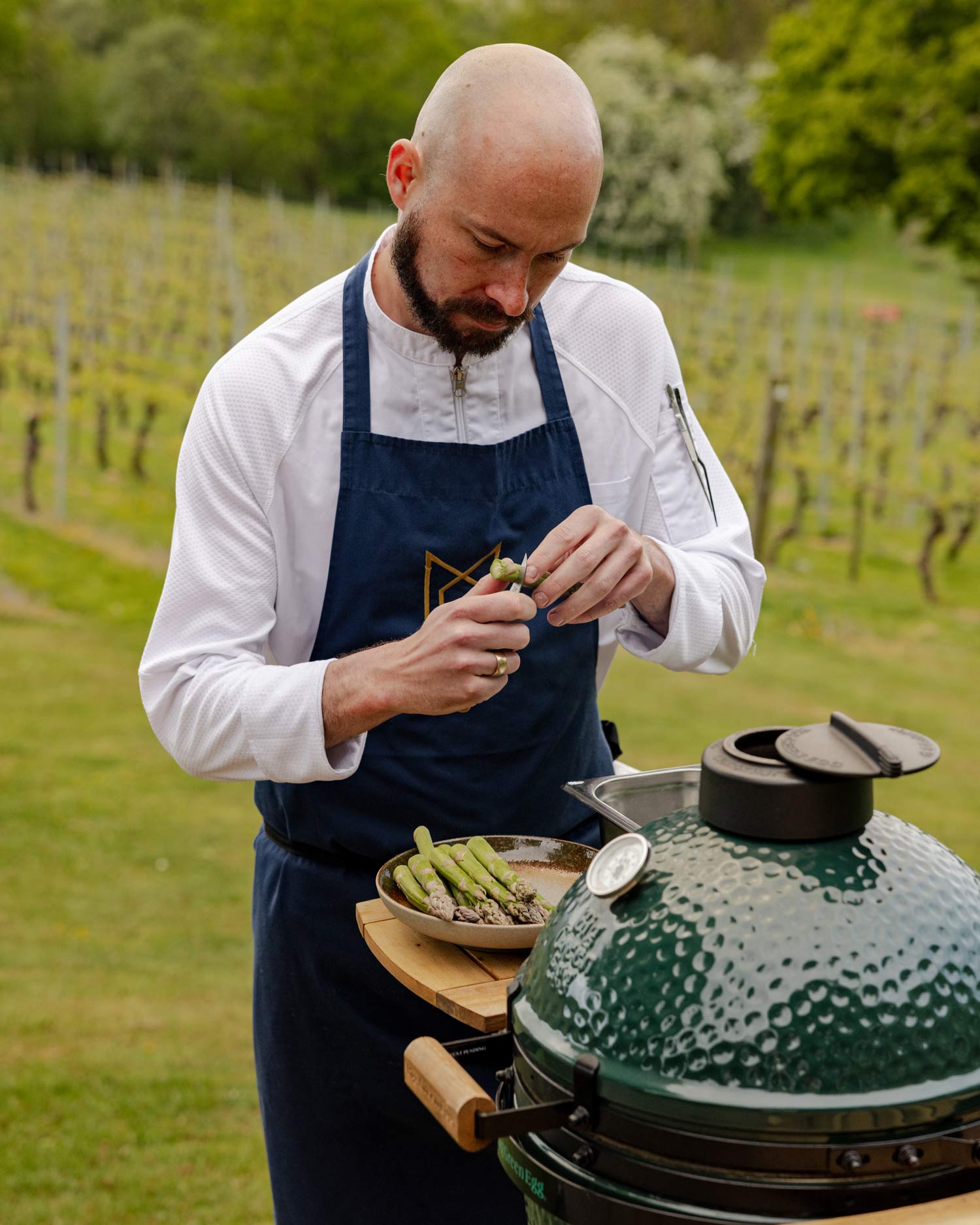 Kentish Asparagus, Confit Egg Yolks, Wild Garlic Oil and Brioche | Chapel Down & Big Green Egg