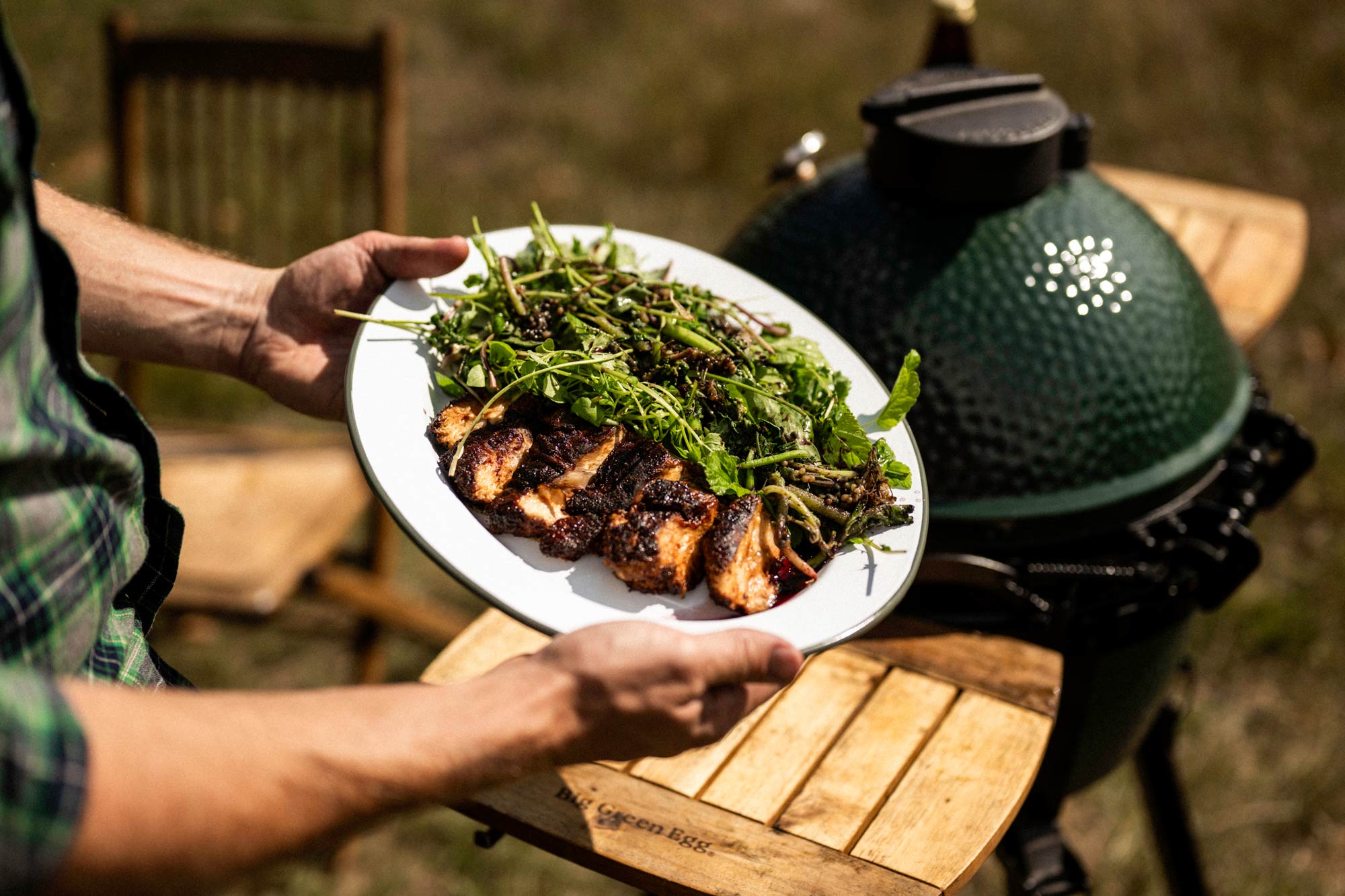 Grilled Lion’s Mane Mushroom with Spiced Honey and Foraged Salad | Pan cooking | Vegetarian | Tait Miller | Cowdray Estate | Big Green Egg