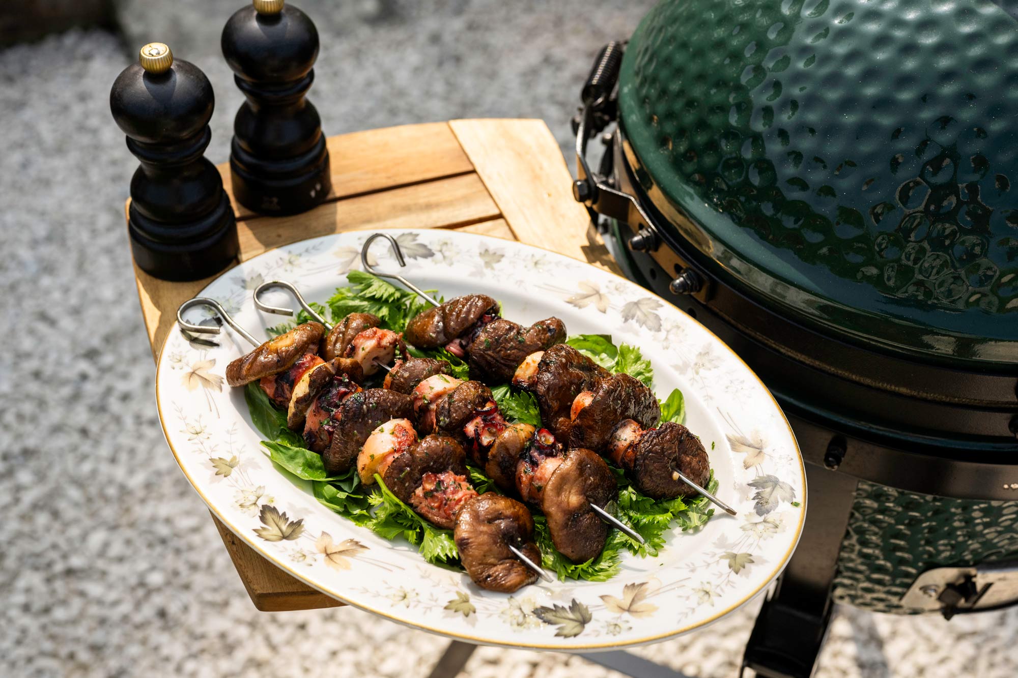 Grilled Octopus and Shitake Mushroom Kebabs with Garlic Butter | The Pig Hotels | Grilling recipes | Seafood | Big Green Egg