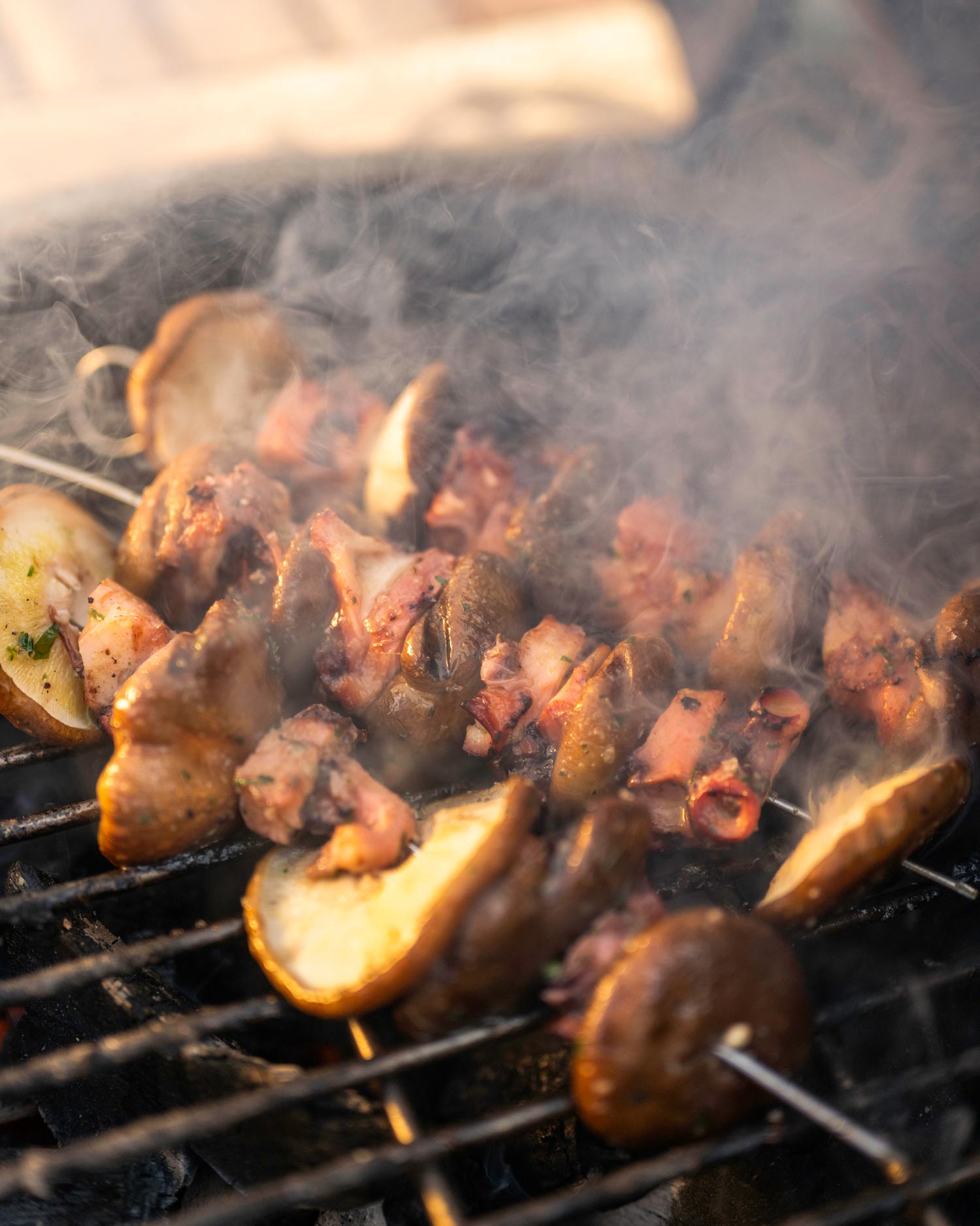 Grilled Octopus and Shitake Mushroom Kebabs with Garlic Butter | The Pig Hotels | Grilling recipes | Seafood | Big Green Egg