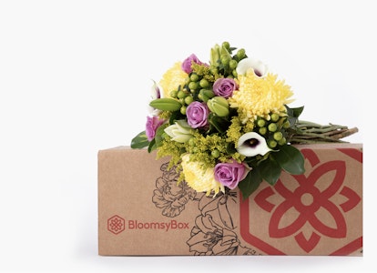 Vibrant bouquet with yellow, purple, and white flowers, green foliage arranged in a decorative box with the BloomsyBox logo, on a clean white background.