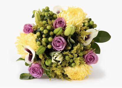 Vibrant floral bouquet featuring purple roses, yellow chrysanthemums, white lilies, and green foliage against a clean white background, ideal for special occasions.