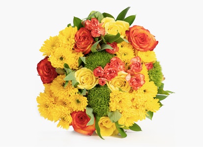 Vibrant floral arrangement with a mix of yellow chrysanthemums, red and peach roses, and green accents displayed against a clean white background.