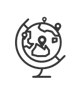 Abstract monochrome globe icon with circular patterns and orbit lines on a dark background, depicting a stylized representation of the Earth with continents and orbits.
