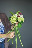 Person holding a fresh bouquet of green hydrangeas and spring flowers against a gray background, showcasing the vibrant green stems and natural beauty.