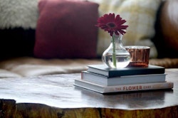 Cozy reading nook with stack of books on a wooden table featuring "The Flower Chef," a vase with a single red daisy, and a soft candle glow beside a plush cushion.