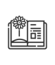 Monochrome icon of a laptop displaying a flower image and text content on its screen, depicting online floral encyclopedia or blog concept.