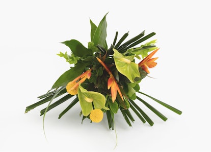 Lush tropical bouquet with vibrant orange flowers, green leaves, and foliage on a white background, showcasing fresh and exotic floral arrangement.