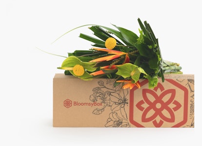A BloomsyBox branded cardboard box with a vibrant array of fresh flowers spilling out, including green foliage and yellow blooms, on a white background.