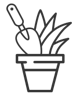 Monochrome vector illustration of a potted plant with large leaves and a gardening trowel, representing gardening tools and houseplant care.