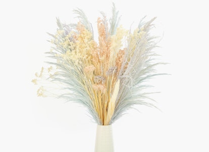 Elegant dried flower arrangement in a sleek, modern vase set against a clean white background, featuring delicate plumes in soft hues of cream, yellow, and blue-green.