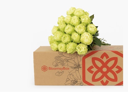 A bouquet of fresh light green roses arranged in a BloomsyBox with the brand's logo on the side, all against a clean white background, perfect for a gift or decoration.