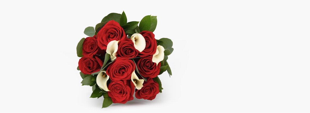 Beautiful red roses paired with elegant white calla lilies in a lush green arrangement.