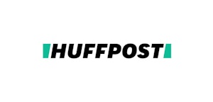 HuffPost logo with bold black letters against a white background, flanked by teal lines on the left and right sides of the uppercase text.