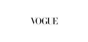 Black text spelling "VOGUE" in a distinctive font on a white background, representing the iconic fashion magazine's logo.