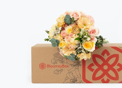 Beautiful bouquet of pastel roses and assorted flowers arranged in a brown BloomsyBox with a prominent red logo, displayed against a clean white background.