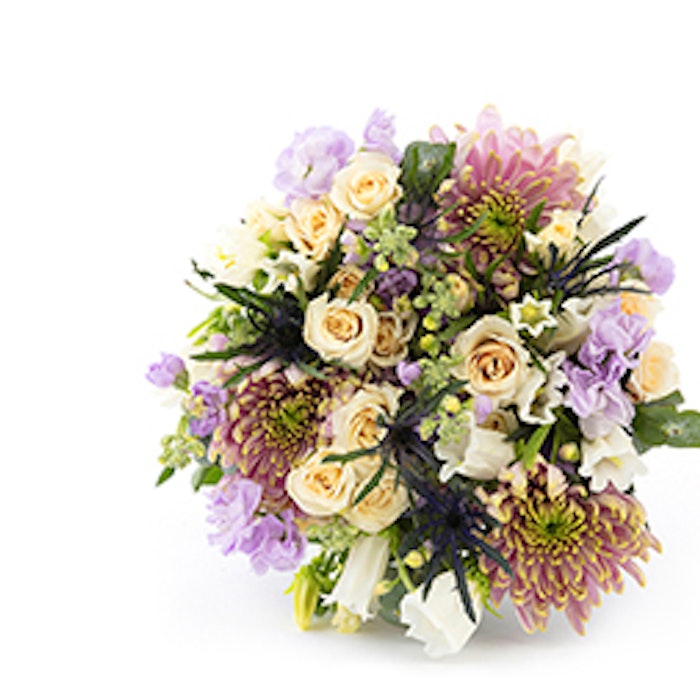 A vibrant floral bouquet with a mix of purple, pink, and white blossoms, including roses and chrysanthemums, displayed against a white background.