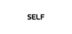 Black text spelling the word "SELF" centered on a plain white background, showcasing a bold and minimalist design concept.
