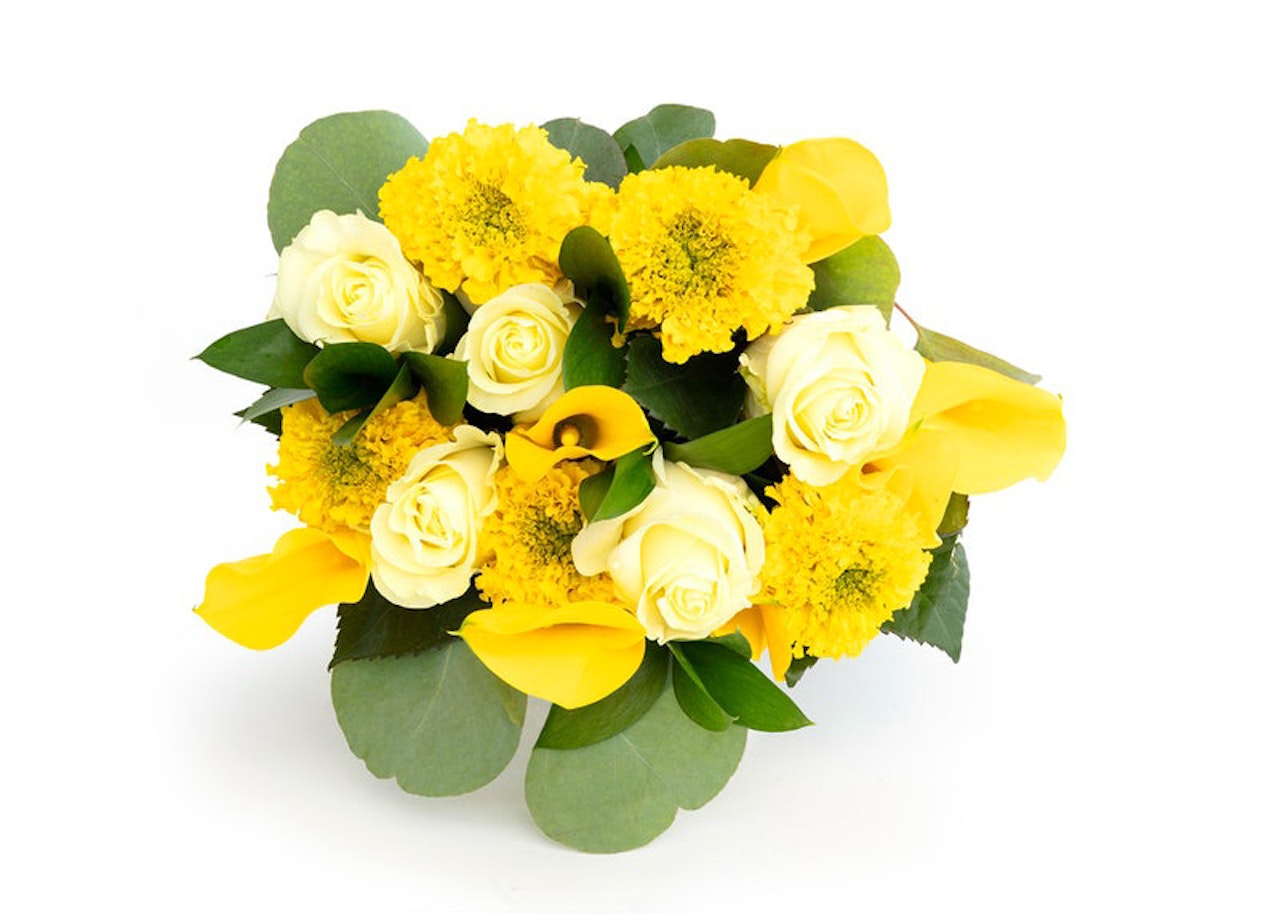 Bright bouquet of yellow roses, marigolds, and elegant greenery, perfect for celebrations.