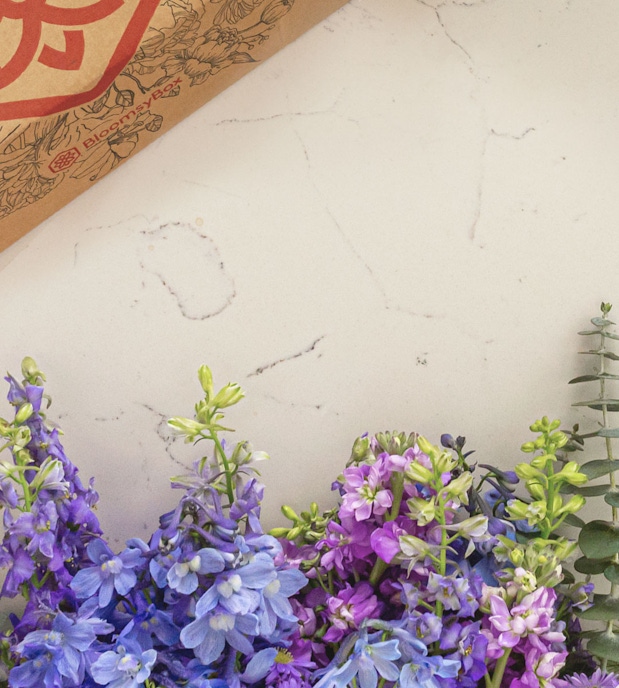 Vibrant bouquet featuring blue and purple flowers with lush green foliage, elegantly displayed.