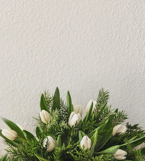 Elegant white tulips nestled among fresh green foliage in a simple, stylish arrangement.